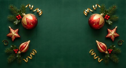 Christmas ornaments positioned symmetrically on green backdrop to enhance holiday greeting text.