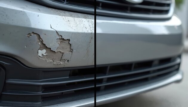 Car bumper shows damage and peeling paint on left side. Right side depicts a smooth, newly repaired finish. This before and after comparison illustrates automotive restoration work.