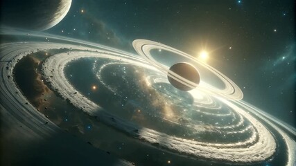 Majestic ringed planet illuminated by a brilliant star within a cosmic nebula in the vast expanse of deep space