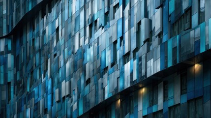 Building facade with reflective blue panels under soft evening light in an urban setting