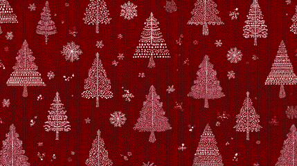 red Christmas background with snowflakes and christmas trees, seamless pattern of christmas trees and snowflakes on red background, Christmas wrapping paper, Xmas pattern with ornaments