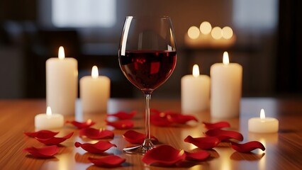 Romantic evening with wine candles and rose petals for a special occasion