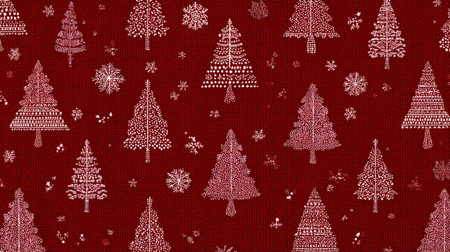 red Christmas background with snowflakes and christmas trees, seamless pattern of christmas trees and snowflakes on red background, Christmas wrapping paper, Xmas pattern with ornaments