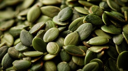 Close up view of a colorful pile of green pumpkin seeds showcasing their texture and shape under natural light in a well-lit kitchen setting
