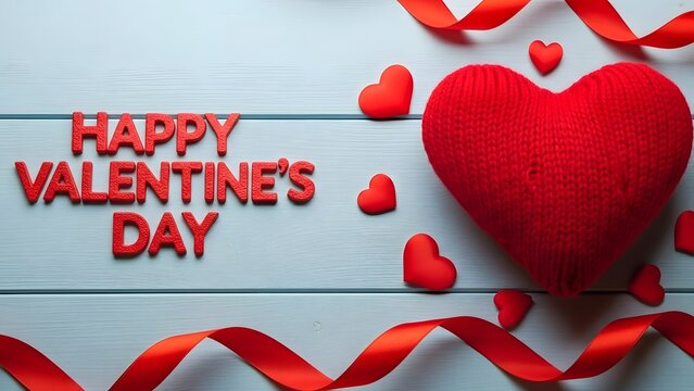 Red valentine s day decoration on a white wooden background with ribbon - Powered by Adobe
