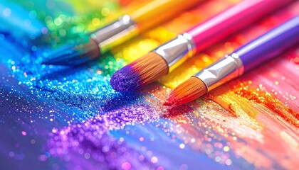 Three colorful paintbrushes resting on a vibrant rainbow glitter and paint background, showcasing artistic creativity and sparkling colors.