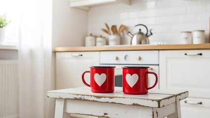 Cozy kitchen scene with red heart mugs on distressed wooden table