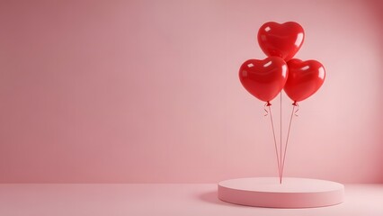 Three red heart balloons on a pink pedestal against a pink wall