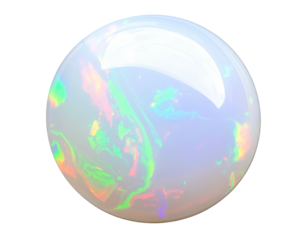 Iridescent sphere, white with rainbow, against black