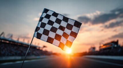 Fototapeta premium Checkered flag waving at a race track during a beautiful sunset