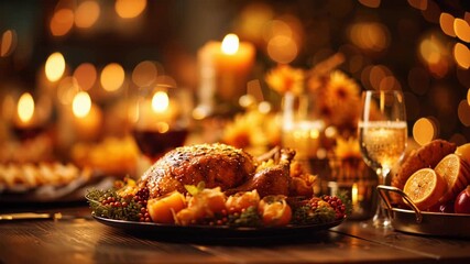 Festive Thanksgiving Dinner Table with Roast Turkey and Candles