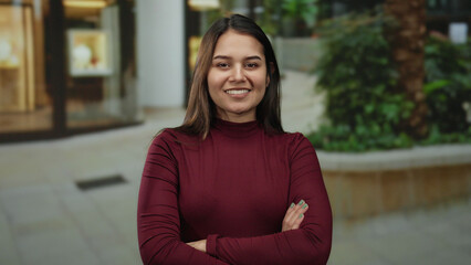 Young hispanic woman smiling with arms crossed standing outdoors on a city street with greenery and buildings in the background, wearing a burgundy shirt.