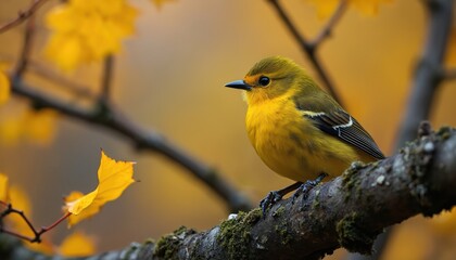 Bright yellow bird perched on tree branch. Colorful avian in nature habitat. Autumn scene with yellow leaves. Wildlife photo of feathered animal outdoors.