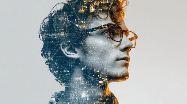 Young man with glasses in profile view, digital overlay of cityscape reflecting modern technology and innovation - Powered by Adobe