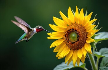 Naklejka premium Hummingbird approaches large sunflower in summer. Small bird with bright feathers hovers near yellow flower. Nature scene with vibrant colors. Wildlife photo focuses on nature beauty.