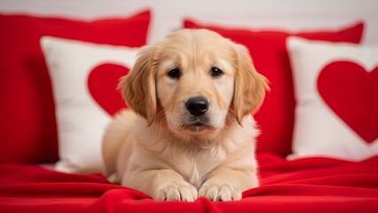 Adorable golden retriever puppy surrounded by red and heart themed valentine s day decor