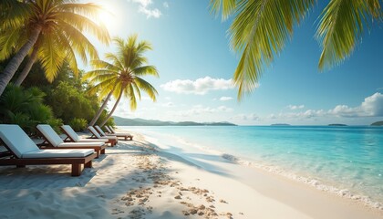 Empty lounge chairs sit on white sand beach next to palm trees. Clear blue ocean water meets tropical shoreline under sunny sky. Idyllic island paradise scenery.