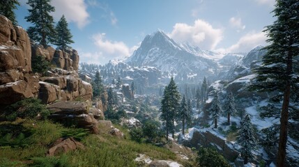 Snow Covered Mountain Landscape with Pine Trees and Blue Sky in Daylight