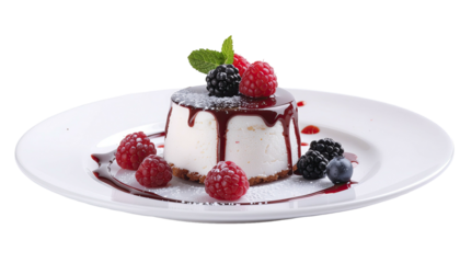 Panna cotta dessert with berries on a white plate