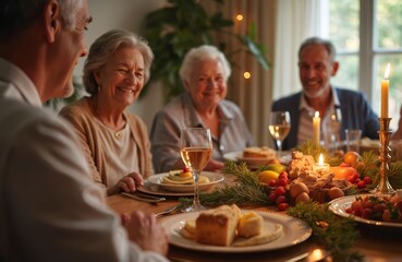 Multigenerational family gathers around festive Seder table, sharing food and laughter. Elders smile warmly, enjoying tradition, connection, and home. Candlelight illuminates joyful home ritual.