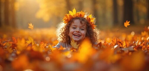 Happy child with curly hair in autumn forest. Kid wears leaf crown smiles broadly surrounded by colorful foliage. Season of fall nature fun. Joyful childhood moment at outdoors park.
