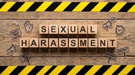 Wooden blocks spelling 'SEXUAL HARASSMENT' arranged on a wooden table, symbolizing harassment