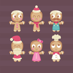 A fun set of gingerbread characters with cute expressions and festive clothing. Includes male and female cookie figures arranged on a striped background&mdash;a perfect Christmas illustration.