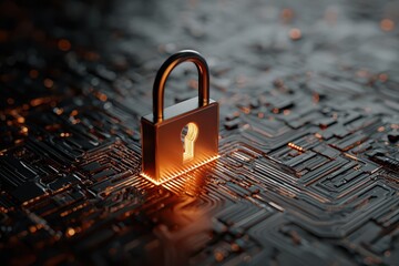 Cybersecurity concept showcasing a glowing padlock on a digital circuit board representing data protection and defense against hacker attacks