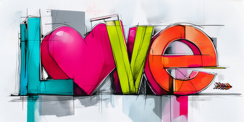 Artistic "LOVE" Word with Vibrant Colors, Heart, and Blueprint Elements