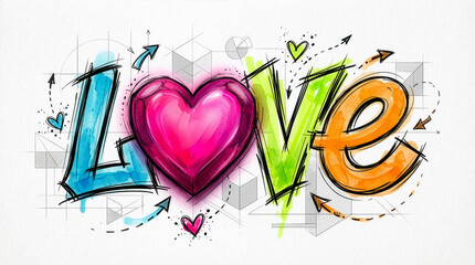 Artistic "LOVE" Word with Vibrant Colors, Heart, and Blueprint Elements