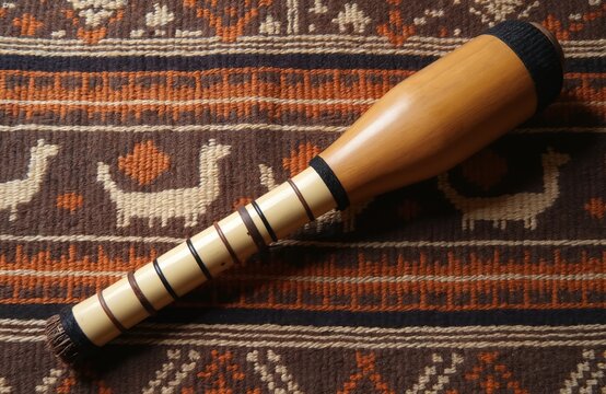 Andean zampona instrument on a traditional woven textile. The wooden wind instrument rests on a colorful textile featuring traditional patterns. Cultural object with ethnic vibe.