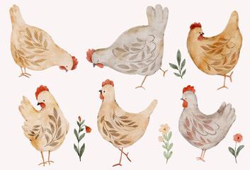 Watercolor chickens with flowers in soft countryside style. Hand painted farm birds for spring crafts and home decor.