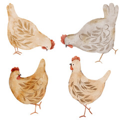 Watercolor chickens family in rustic country style. Hand painted farm birds for cute kids decor and craft projects.