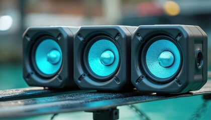 Three compact black speakers with glowing blue lights are mounted on a dark surface near water. Powerful sound equipment for parties or events.