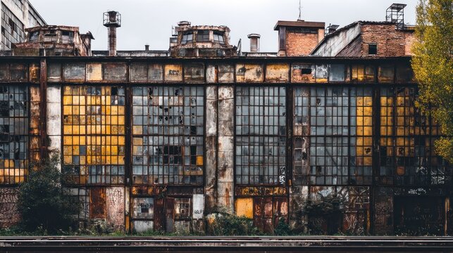 Rusty factory exterior with broken windows