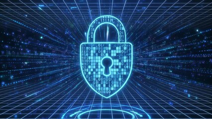 A digital padlock with binary code on a blue grid background with glowing particles around it - Powered by Adobe