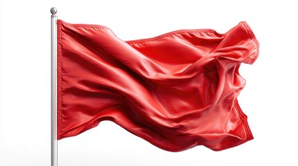 A vibrant red flag waving gracefully against a clean white backdrop.