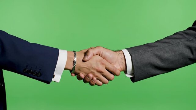 Professional business handshake on a green screen, symbolizing agreement and partnership