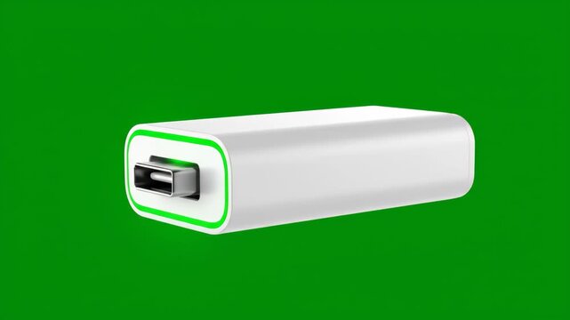 Modern USB-C charger adapter glowing bright green charging indicator on vibrant green background