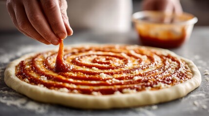 Pizza making process with tomato sauce being added to the dough.