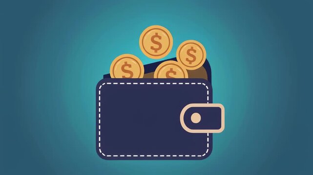 A cartoon style illustration of a blue wallet with white stitching on a blue background