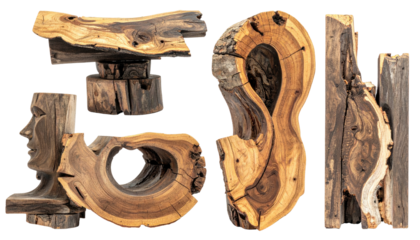 Assorted carved wood sculptures on dark backdrop