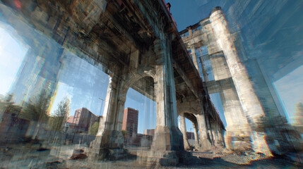 Abandoned bridge concrete arch urban decay industrial ruin morning light shutdown infrastructure impact pillar rubble graffiti