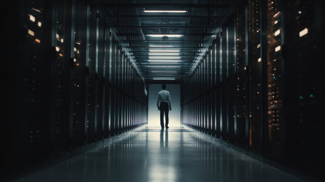 IT manager walks through server room assessing shutdown infrastructure impact walking toward light