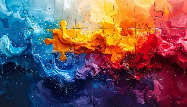 Vibrant abstract puzzle pieces with a dynamic flow of blue, purple, yellow, orange, and red colors, suggesting creativity and connection. - Powered by Adobe