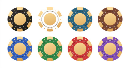 Gambling casino chips. Colorful collection of casino chips for gambling, poker, roulette. Casino chips and coins isolated on white background. Vector 10 eps.	
