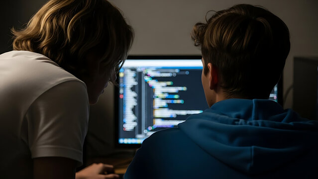 Intense collaborative coding session as two young people meticulously review complex programming on a computer screen, fostering learning and technical skill development - Powered by Adobe