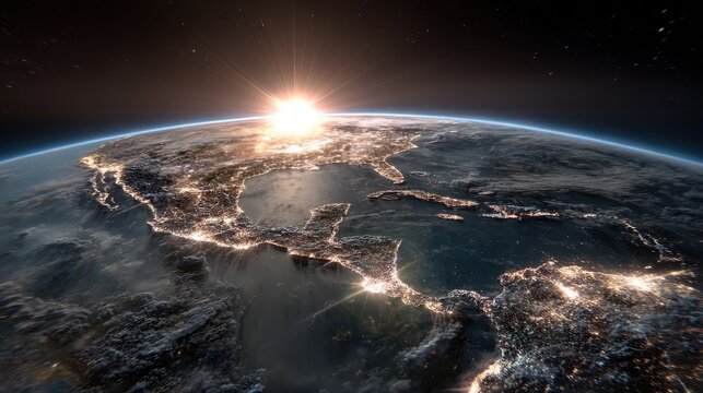 Earth at Dawn High Angle View of Illuminated Cities with Sunrise Burst in Sky