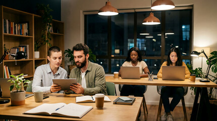 Diverse team of young professionals working late in a modern office, discussing projects with tablet and laptops during night shift