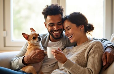 Young interracial couple relaxes at home, on couch. Man holds chihuahua dog. Woman sips hot coffee. Smile, laugh, enjoy cozy morning leisure. Happy diverse family spends time together indoors,